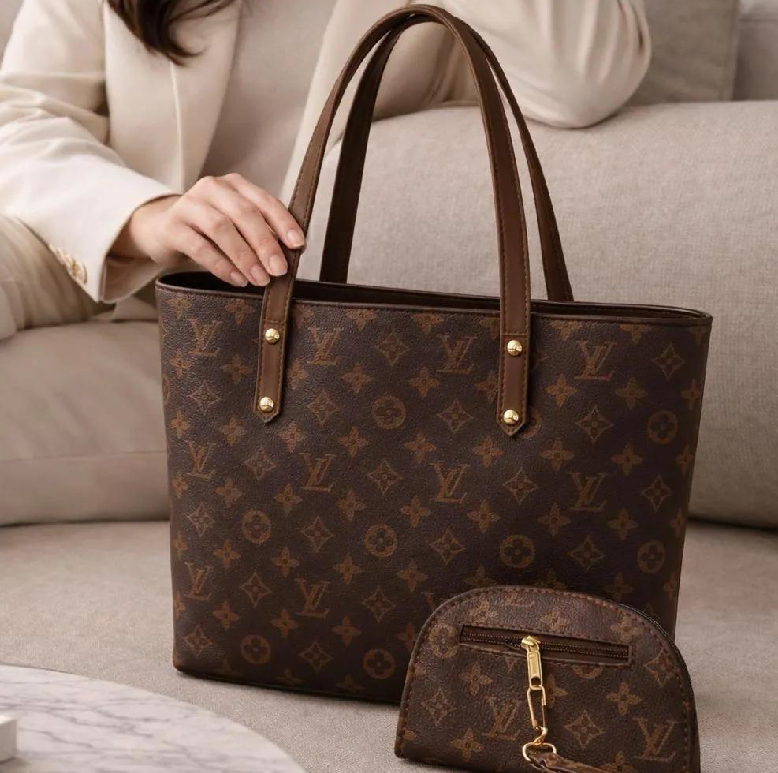 Women's Brown Leather Handbag Set with Small Bag
